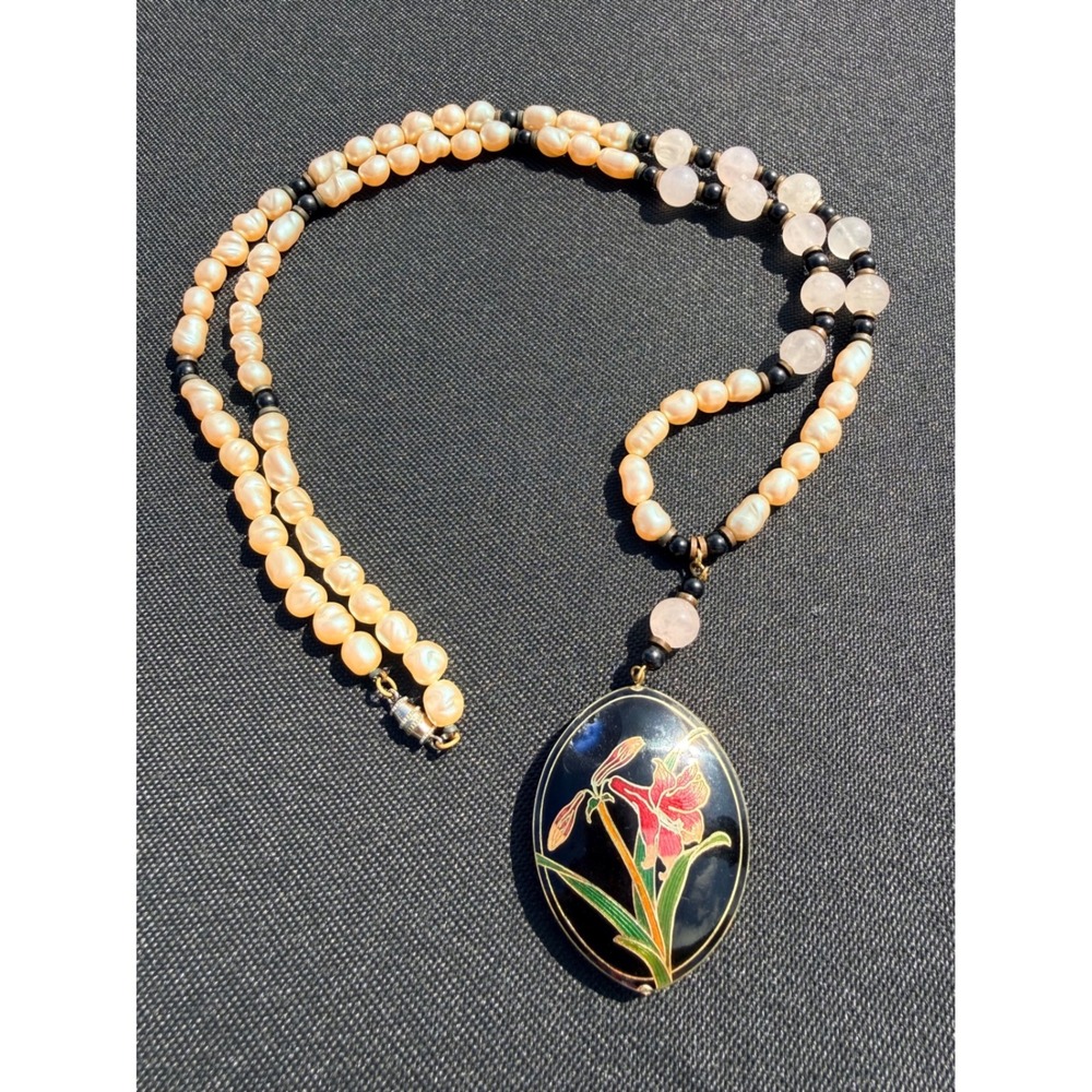 Vintage Necklace Pearl Rose Quartz Cloisonne Flower Pendant Womens Pink Cream - Picture 2 of 12